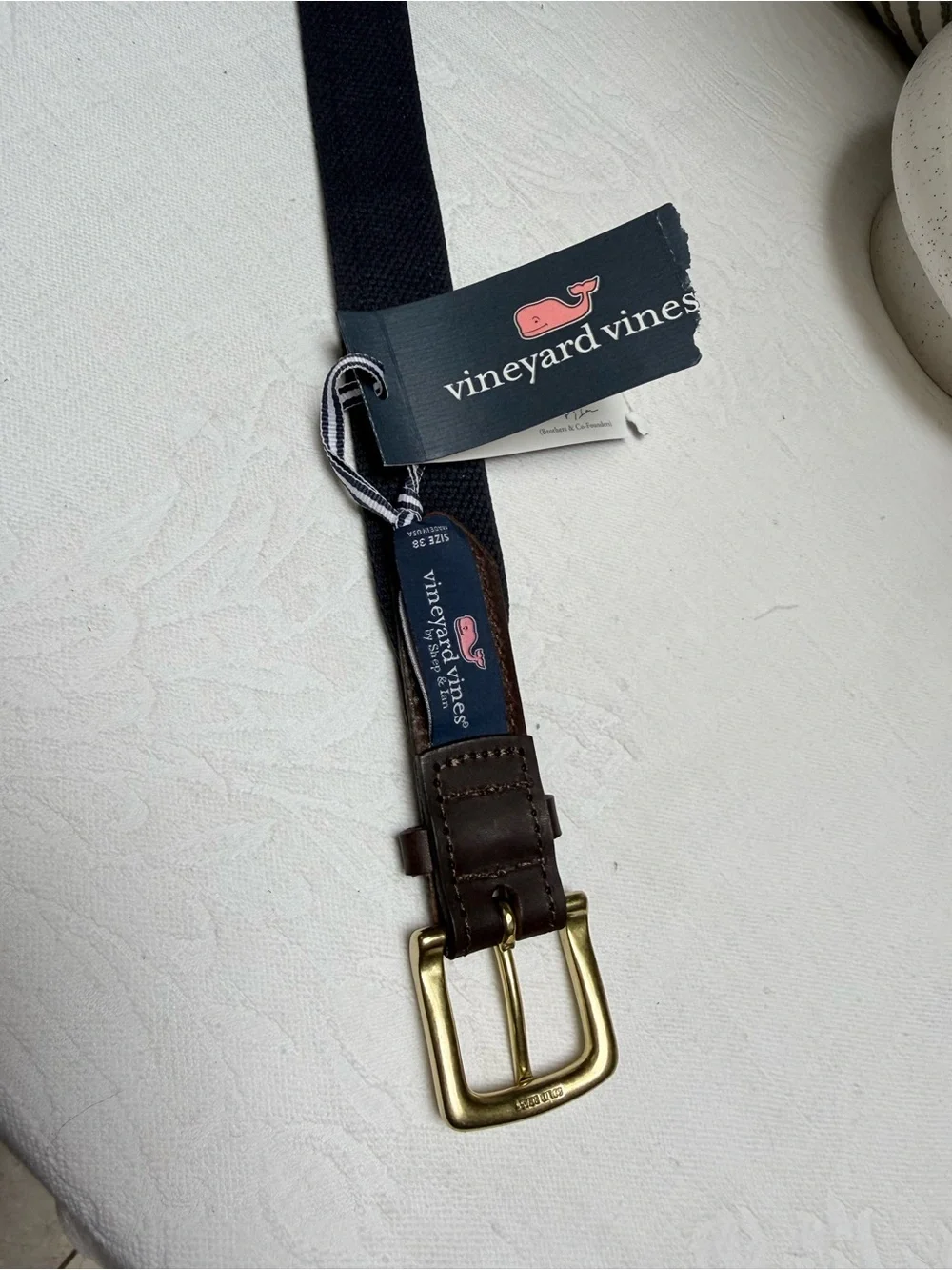 Vineyard Vines Men’s Belt Pink Canvas Embroidered with Lacrosse Sticks, Size 38